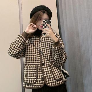 Color Block Houndstooth Big-pocket Jacket Coffee - One Size