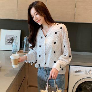 Long-sleeve Polka Dot Feathered Buttoned Chiffon Top