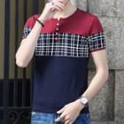 Check Colour Block Short-sleeve Henley Top