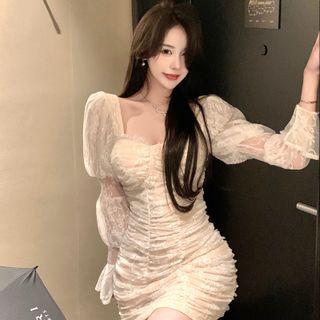 Puff-sleeve Shirred Lace Sheath Dress