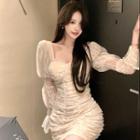 Puff-sleeve Shirred Lace Sheath Dress