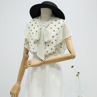 Tie-neck Dotted Short-sleeve Chiffon Blouse