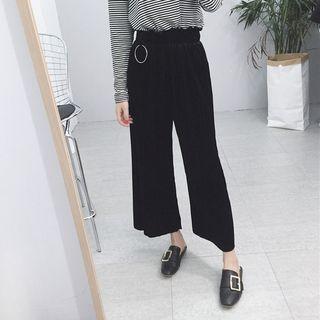 Plain Elastic-waist Ring-accent Velvet Wide-leg Pants