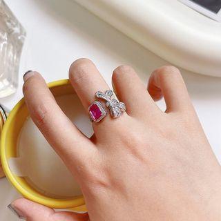 925 Sterling Rhinestone Bow Open Ring K772 - Silver - One Size