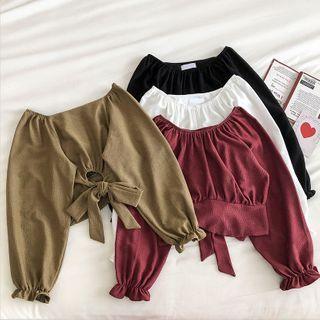 Plain Lace-up Crewneck Long-sleeve Top