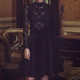 Set: Lace Long-sleeve Top + Velvet A-line Skirt