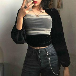 Lantern-sleeve Mesh Panel Velvet Top Black - One Size