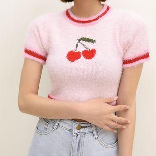 Contrasted Cherry-embroidered Crop Knit Top Pink - One Size