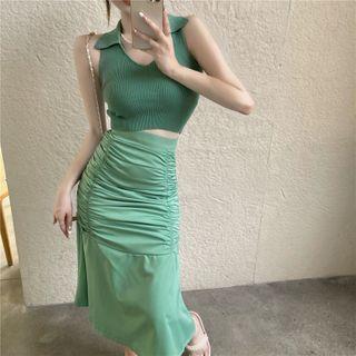 Set:sleeveless Knit Top + Midi Skirt