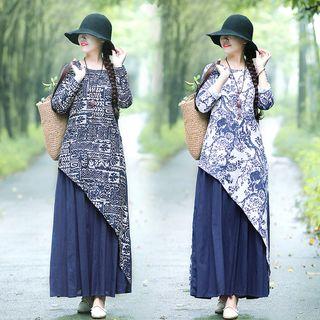 Mock Two-piece Long-sleeve Maxi A-line Dress