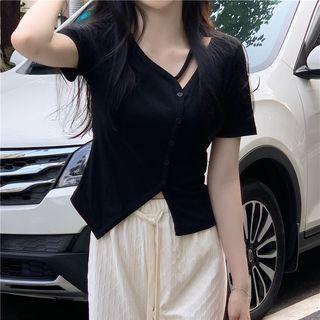 Short-sleeve Asymmetrical Button-up Top Black - One Size