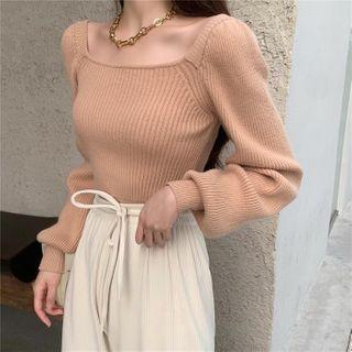 Puff-sleeve Long-sleeve Plain Knit Top Khaki - One Size