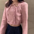 Long-sleeve Plaid Blouse Pink - One Size