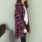 Plaid Long-sleeve Blouse Red + Blue - One Size