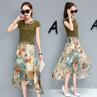Set: Cap Sleeve Cutout Top + Dip-back Print Skirt