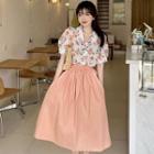 Short-sleeve Floral Shirt / Plain Midi A-line Skirt