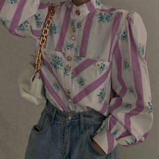 Floral Puff-sleeve Blouse Purple - One Size