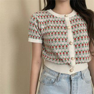 Short-sleeve Contrast Trim Floral Knit Top As Shown In Figure - One Size