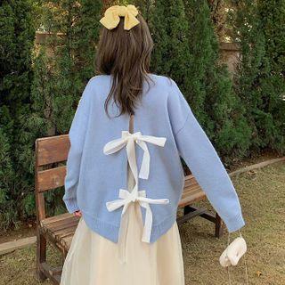 Ribbon-back Knit Top Blue - One Size