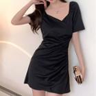 Short-sleeve Plain Shirred Mini A-line Dress