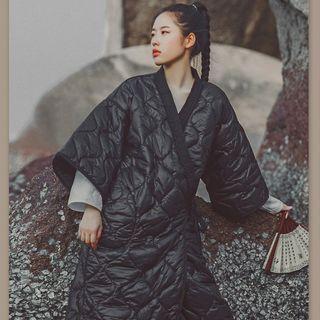Quilted 3/4-sleeve Midi Wrap Coat Black - One Size