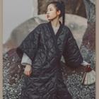 Quilted 3/4-sleeve Midi Wrap Coat Black - One Size