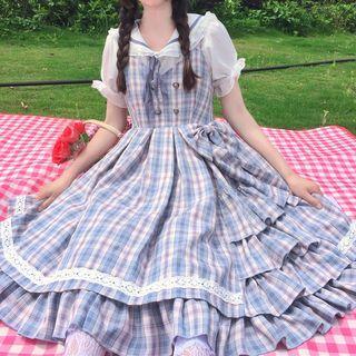 Set: Short-sleeve Sailor Collar Blouse + Plaid Bow Overall Dress Set Of 2 - Blouse & Dress - White & Blue - One Size