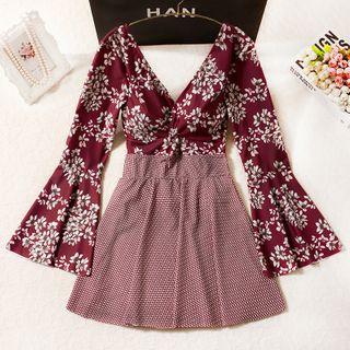 Bell-sleeve Floral Print Panel Swimdress