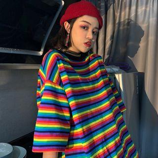 Striped Elbow-sleeve T-shirt Floral - One Size
