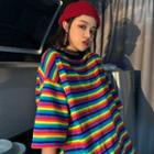 Striped Elbow-sleeve T-shirt Floral - One Size
