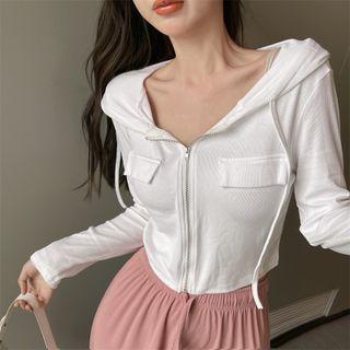 Long-sleeve Plain Cropped Hooded Jacket