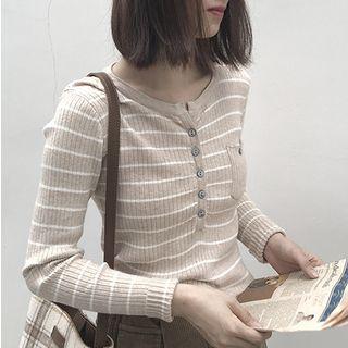 Stripe Pocket Long-sleeve Half-placket Knit Top
