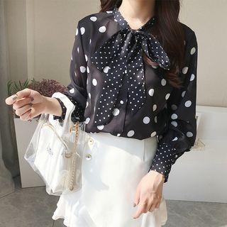 Puff-sleeve Tie-neck Dotted Blouse