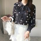 Puff-sleeve Tie-neck Dotted Blouse