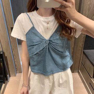 Inset Denim Camisole Short-sleeve Top