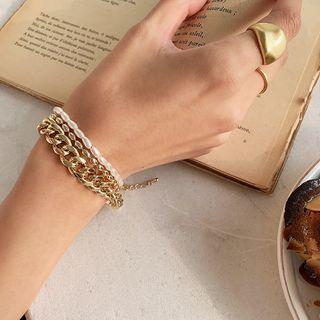 Faux-pearl & Chain Bracelet Set (2 Pcs) Gold - One Size