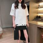 Short-sleeve Plain Distressed T-shirt / Asymmetric Hem Skirt