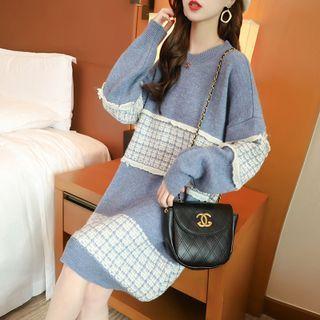 Long-sleeve Tweed Panel Knit Dress