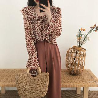 Floral Print Bell-sleeve Chiffon Blouse / Wide-leg Pants