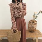 Floral Print Bell-sleeve Chiffon Blouse / Wide-leg Pants