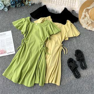 Frill-sleeve Square-neck Drawstring Dress