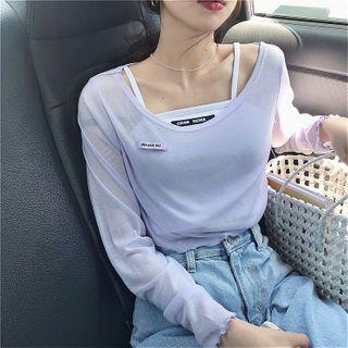 Set: Lettering Long-sleeve T-shirt + Camisole Top T-shirt - Purple - One Size / Camisole Top - White - One Size
