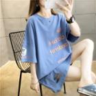 3/4-sleeve Distressed Letter Embroidered T-shirt