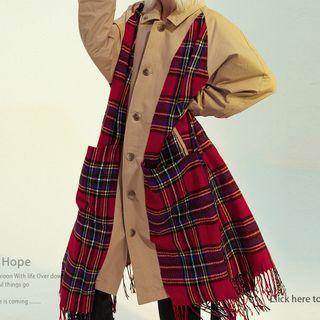 Reversible Plaid Panel Fringed Hem Trench Coat
