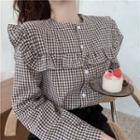 Long-sleeve Wide-collar Gingham Check Blouse