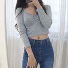 Petite Size Sweetheart-neck Shirred Slim Crop Top