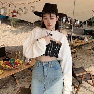 Denim Skirt / Plaid Tube Top / Sweatshirt