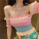Striped Off-shoulder Short-sleeve Slim-fit Top