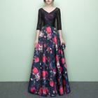 Lace Panel Floral Print Evening Gown