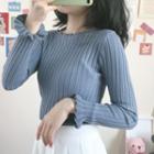 Round-neck Flare Long-sleeve Plain Knitted Skinny Top